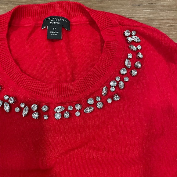 Red Holiday Sweater Embellished Neck | Ann Taylor Factory - Picture 3 of 8